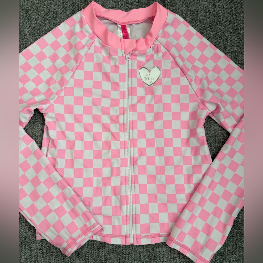 Betsey Johnson Pink Checkered Girls Swim Rashguard size 14 zip up, logo EUC